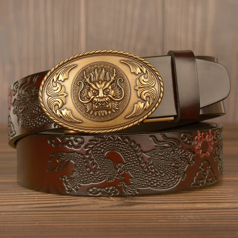 

Men's Belt Oval Dragon Pattern Coskin Leather Belt Business Casual Men's Carved Dragon Pattern Self Buckle Belt Jeans New
