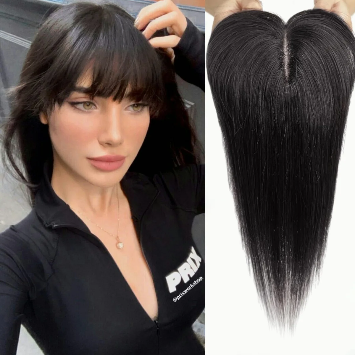 

Remy 100% Human Hair Toppers Silk Base Black Wig with Clips Natural Looking Hairpiece for Women with Thinning Hair Daily Party