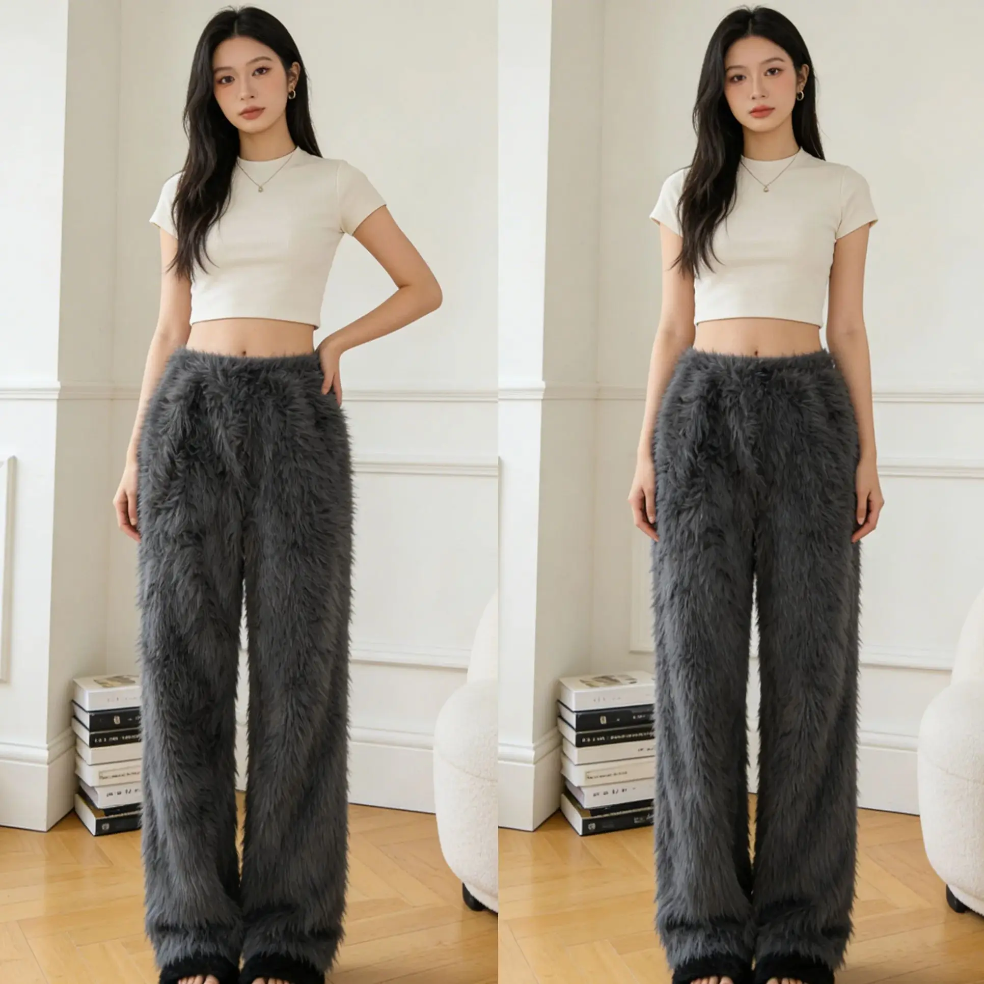 American Street Knitted Plush Pants Loose Fit Couple Style Thick Warm Long Hair Pants for Men Women Autumn Winter Wear