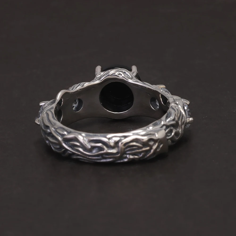 Anillo de compromiso de ónix negro redondo Vintage para mujer, Plata de Ley 925, piedra de ónix Natural, circón ajustable, joyería de alta calidad