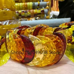Natural Golden Flower Amber Bracelet Women Healing Jewelry Crescent Beeswax Beads Elastic Beaded Bracelet Homme Mom Gifts