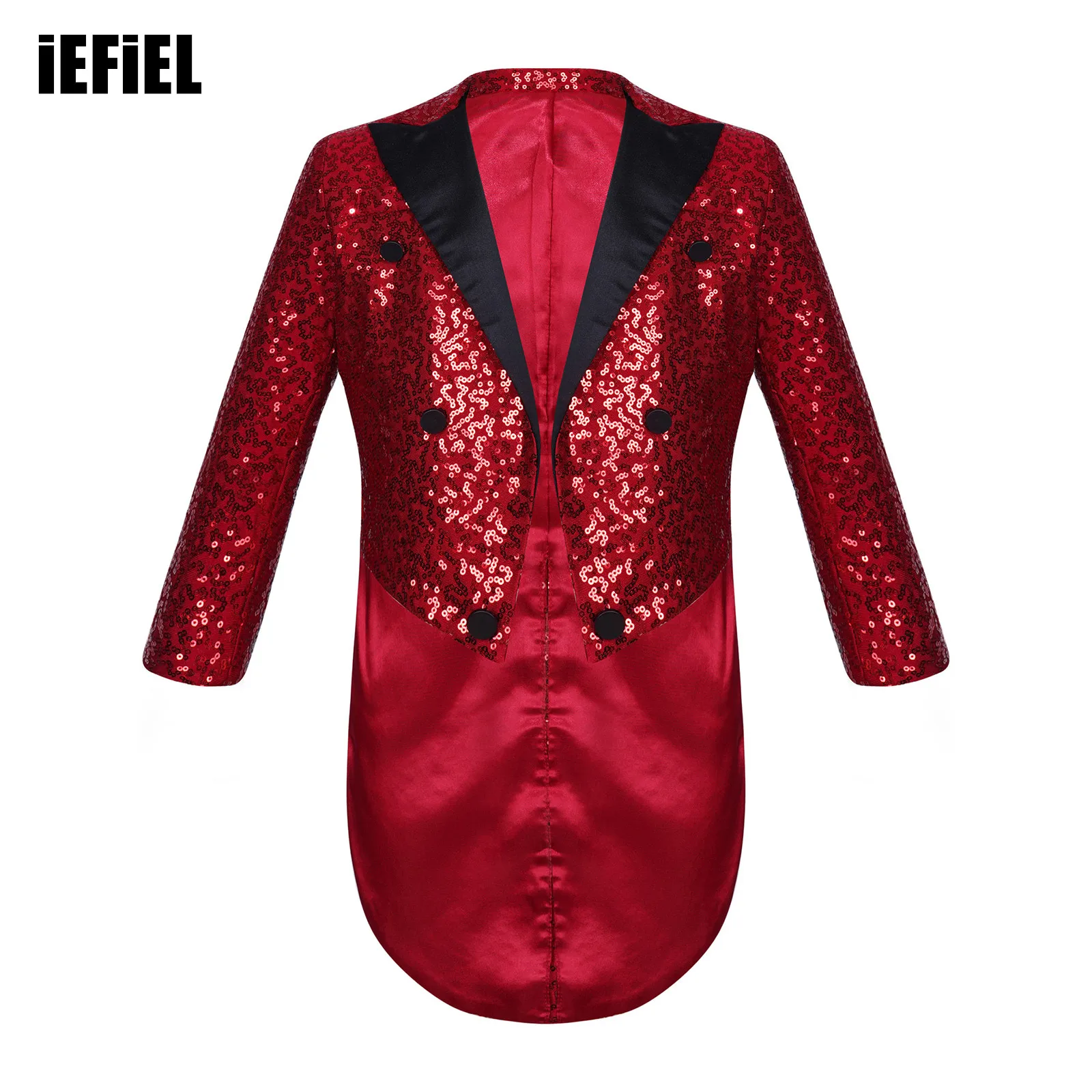 Kids Boys Full Sequin Tailcoat Satin Peaked Lapel Open Front Long Sleeve Blazer for Magic Shows Performance