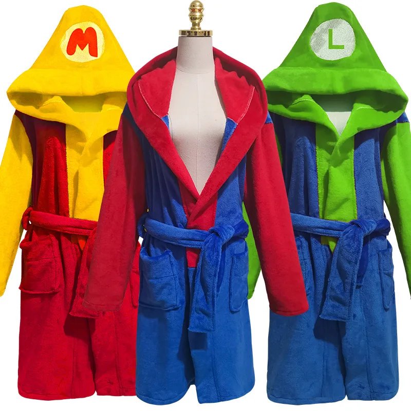 Anime Game Super Luigi Brothers Cosplay Pajamas Adult Children Cartoon Hooded Pajamas Flannel Bathrobe