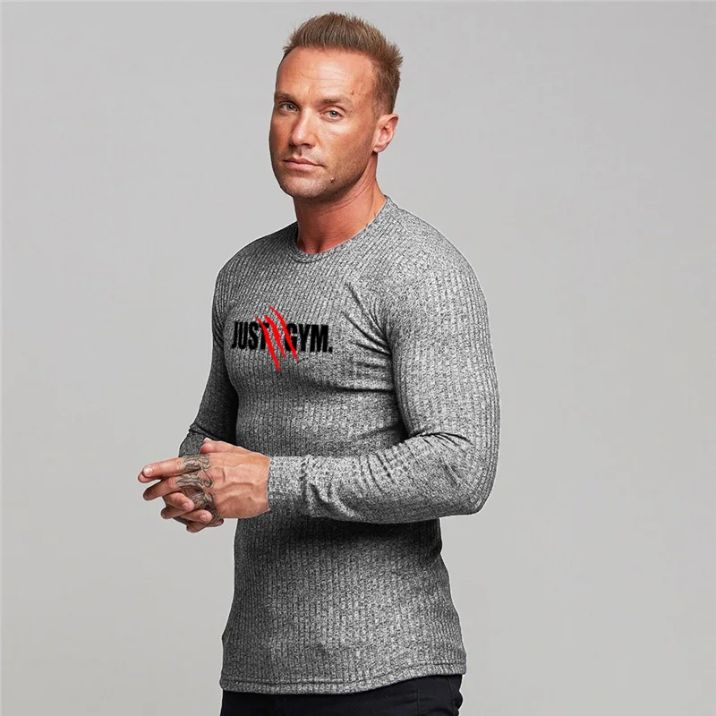 Mens Casual Striped Knitted Shirt Gym Fitness Bodybuilding Slim Fit Long Sleeve T-shirts Autumn Breathable Quick Dry Base Shirts