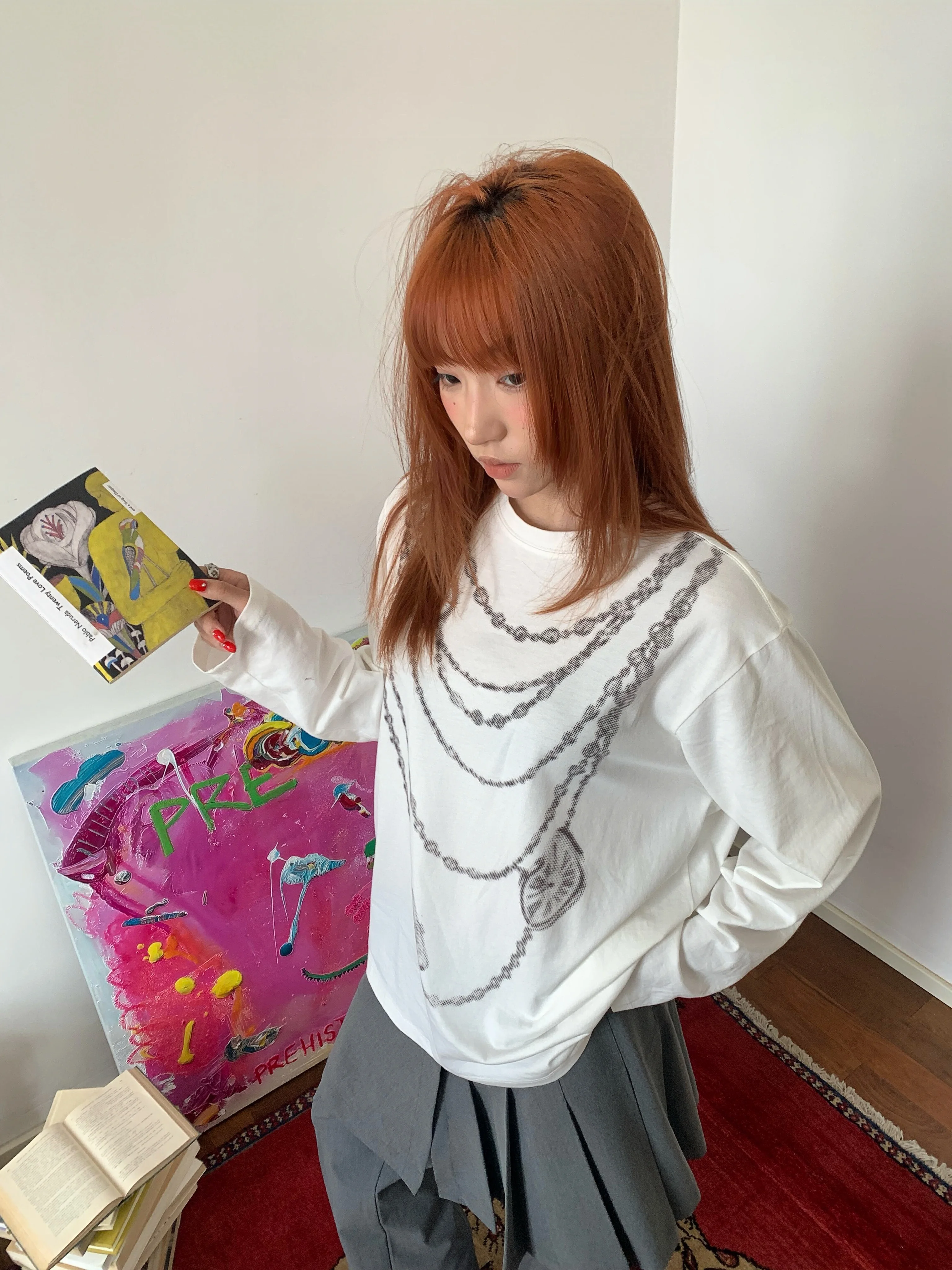 Sakura Long Sleeve T-Shirt Women's Lazy Style Loose White Pure Cotton Casual round Neck Top Creative Pattern Comfortable Fit