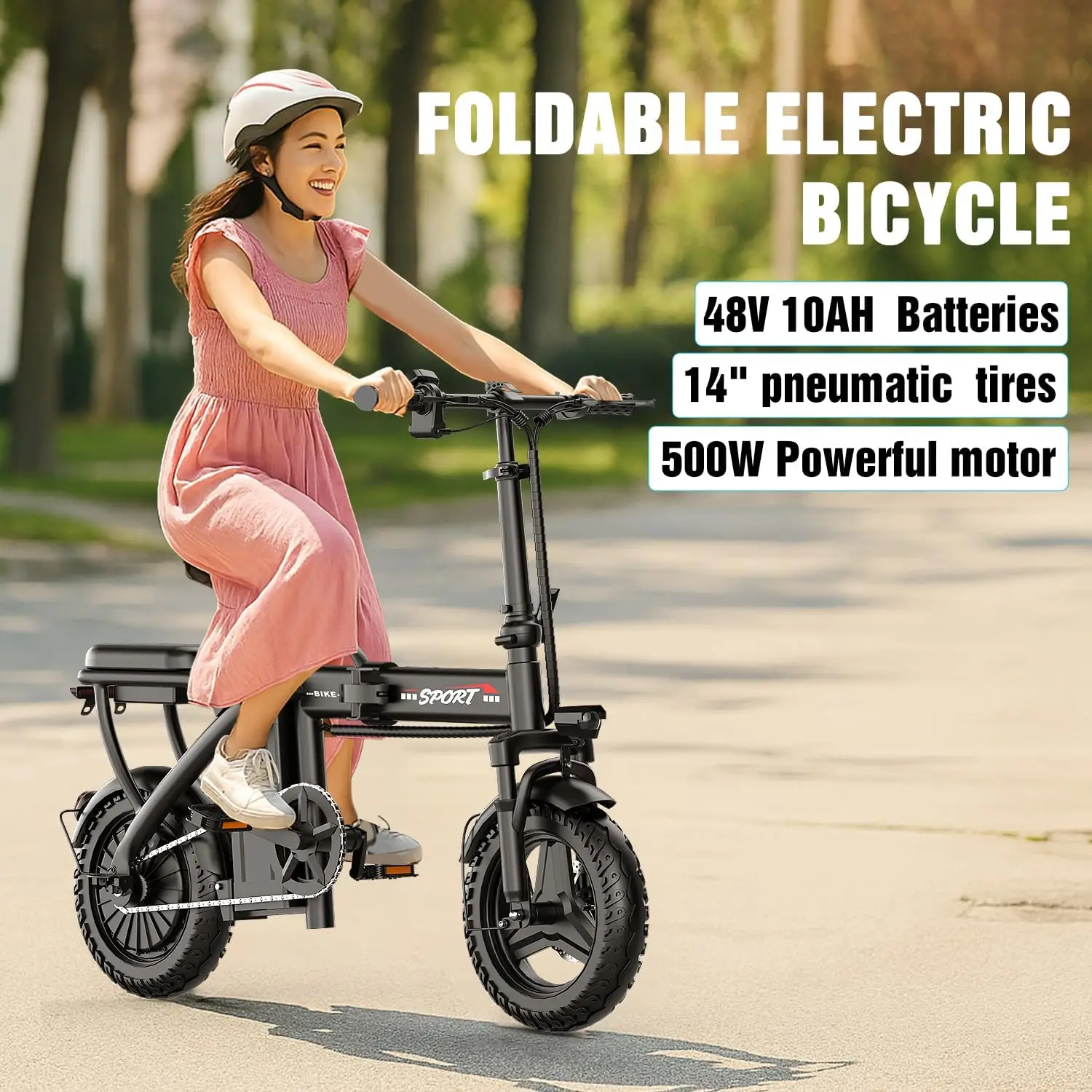 

500W Electric Bike for Adults, 48V 10AH Removable Battery, 20MPH & 25Miles, 14" Folding Motor Commuter E Bike with 3 Modes