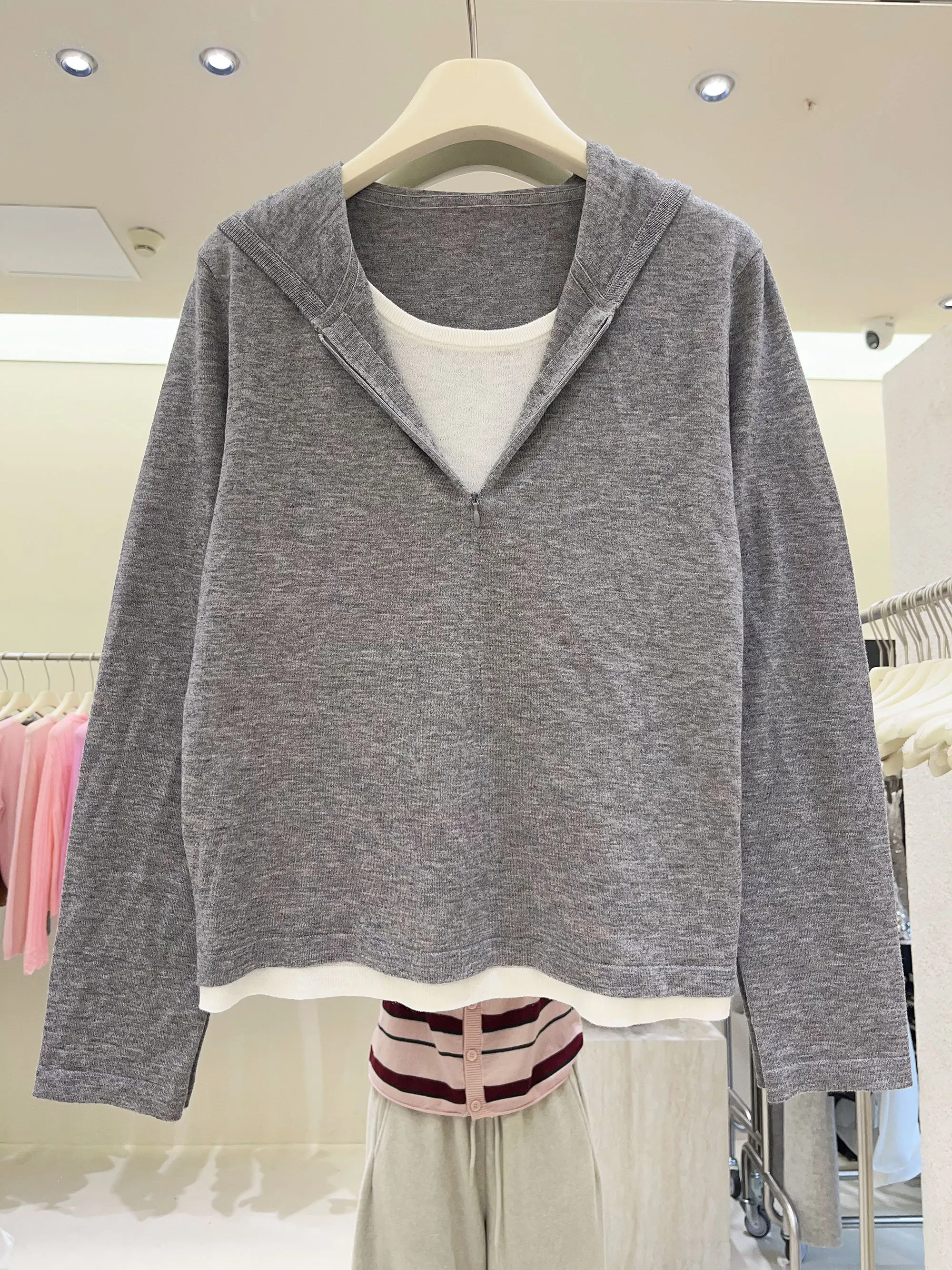 

Casual Hooded Splice Knitted Top Women's Long Sve Slimming ey Spring New Sle Soft Polyester Wool Blend Comfortable Bre...