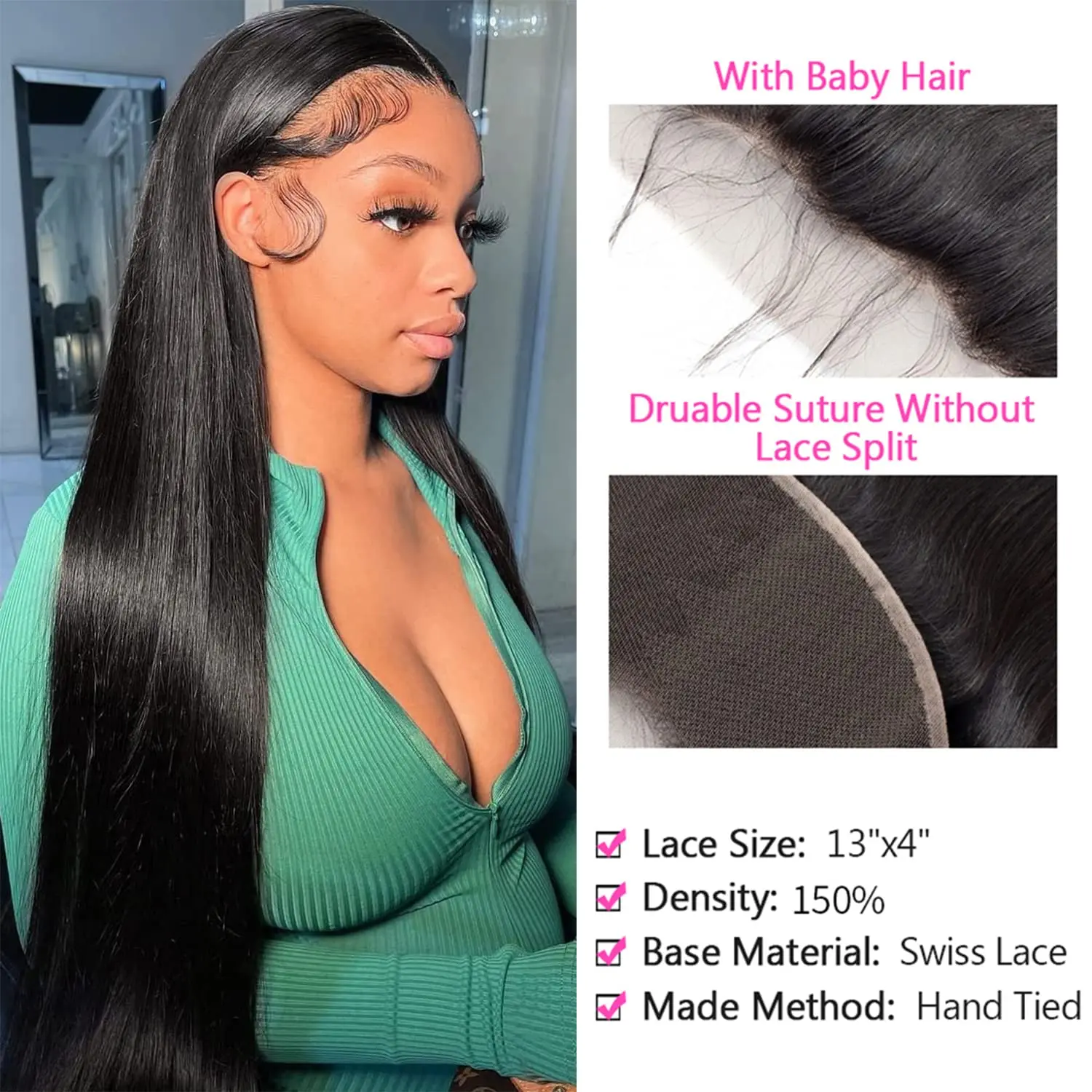 13x4 Lace Frontal Human Hair Brazilian Virgin Hair Straight Ear to Ear #1B Lace Frontal Closure with Baby Hair 20 Inch For Women