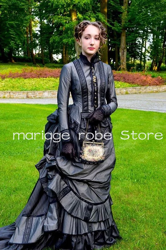 19th Century Victorian Gothic Prom Dresses Ruched Ruffles Skirt Long Sleeve High neck Bustle Lace-up Corset Evening Gown Outfit