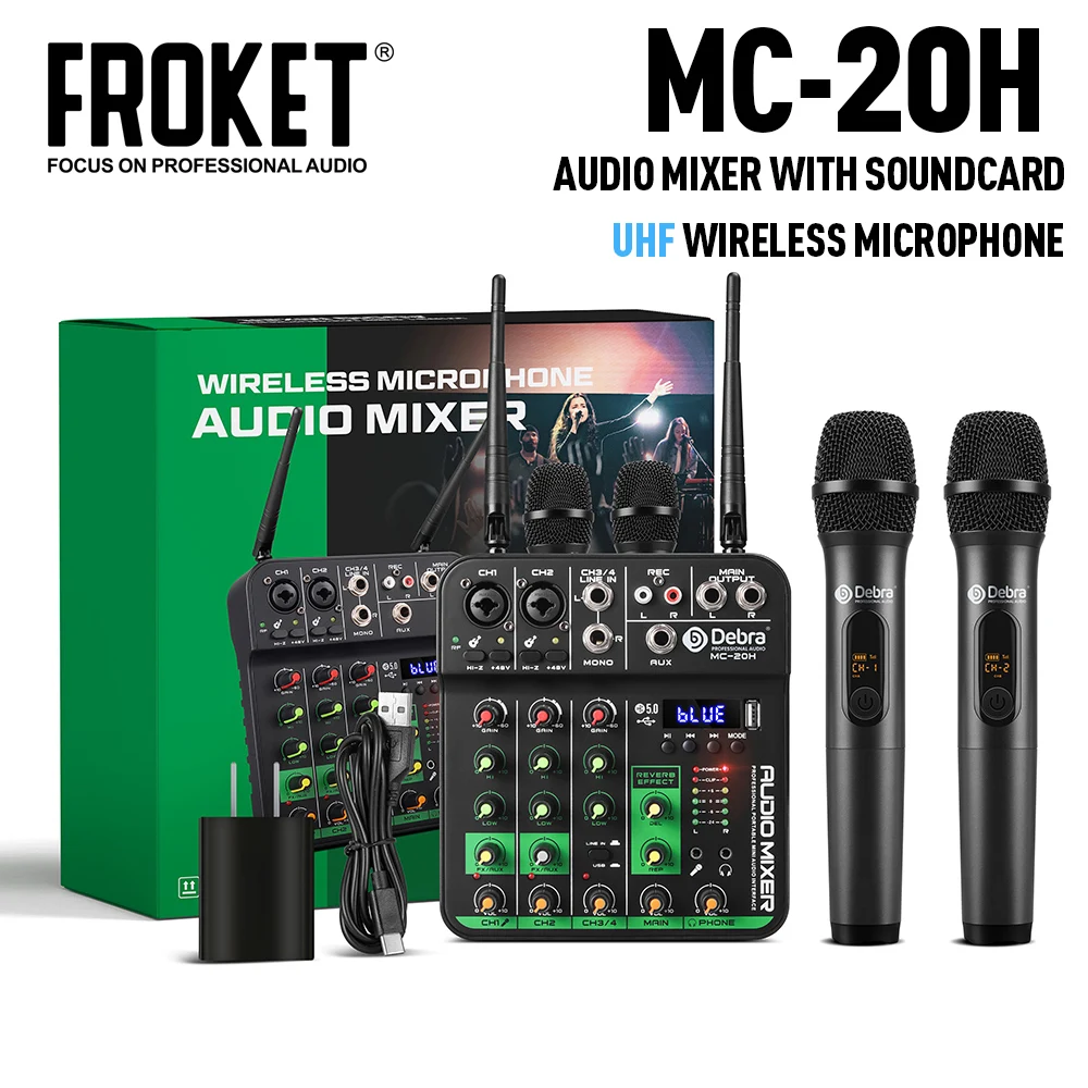 

FROKET MC-20H Audio Mixer DJ Controller Mixing With Wireless Microphone Phantom Power Delay Repaeat Effect Sound Mixing Console