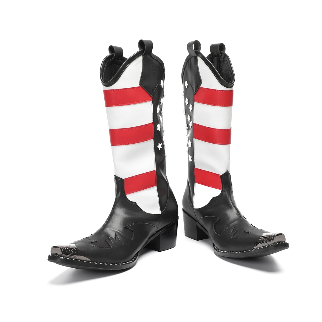 British American Flag Print Star Real Leather Men Mid Calf Boots Plus Size Male Pointed Toe Cowboy Western Long Boots Shoes