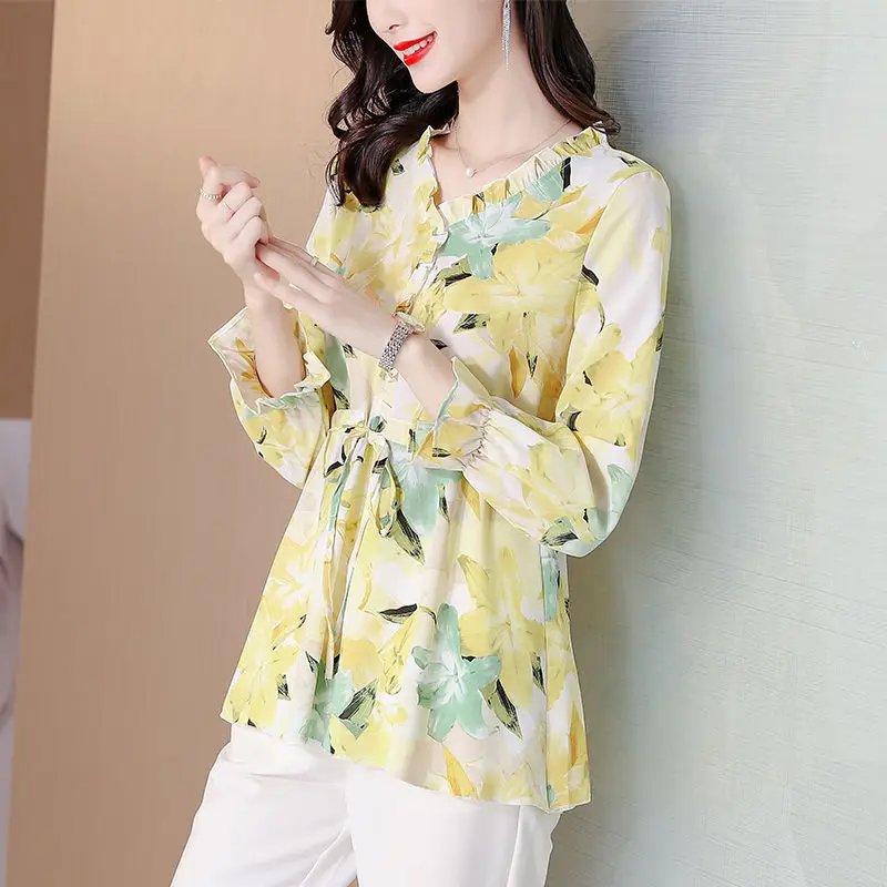 Fashion Chiffon V-Neck Floral Blouse 2023 Autumn Elegant All-match Shirring Lace Up Flare Sleeve Printed Shirt Women's Clothing