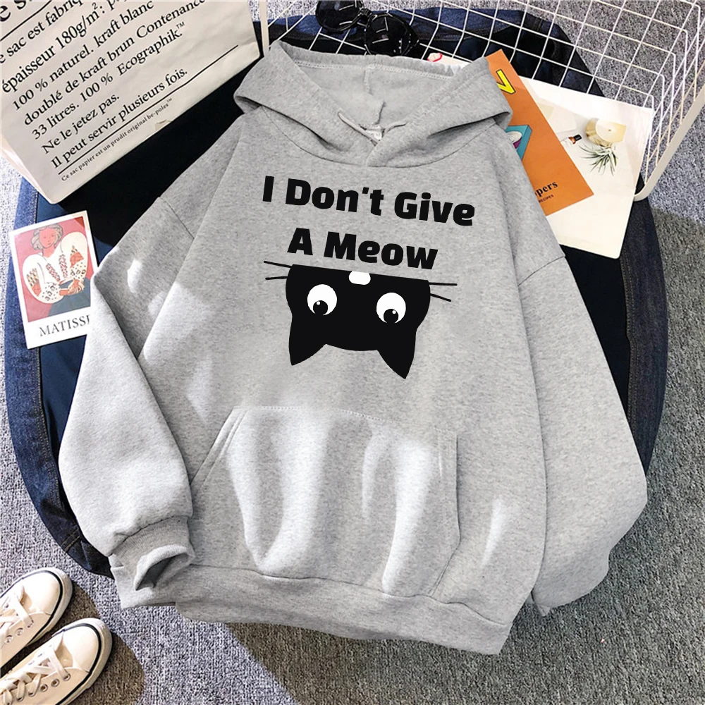 I Don\'T Give A Meow Black Cat Hoodies Women Oversized Loose Warm Hoody Street Sport Tide Sweatshirt Fashion Comfortable Hooded