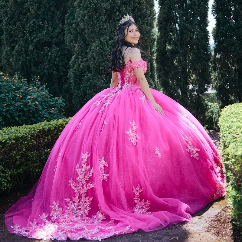 Розово-красные блестящие платья Quinceanera по индивидуальному заказу, бальное платье, милая аппликация с блестками, кружево, бисер, тюль, на шнуровке, вечерние принцессы