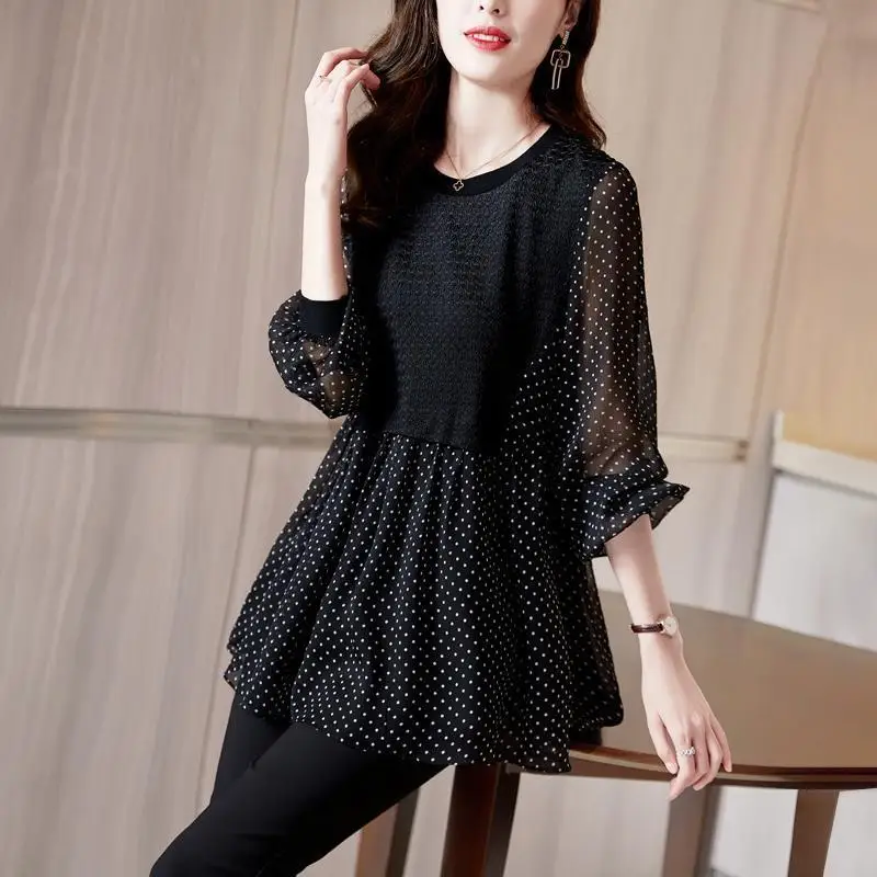 Womens Black Polka Dot Chiffon Shirt Spring Fall 2026 Loose Slimming Chic Top