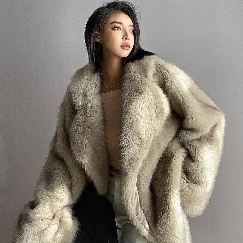 

Faux Fox Fur Grass Coat Women's Mid Length Style Large Polo Neck Loose Plush Coat