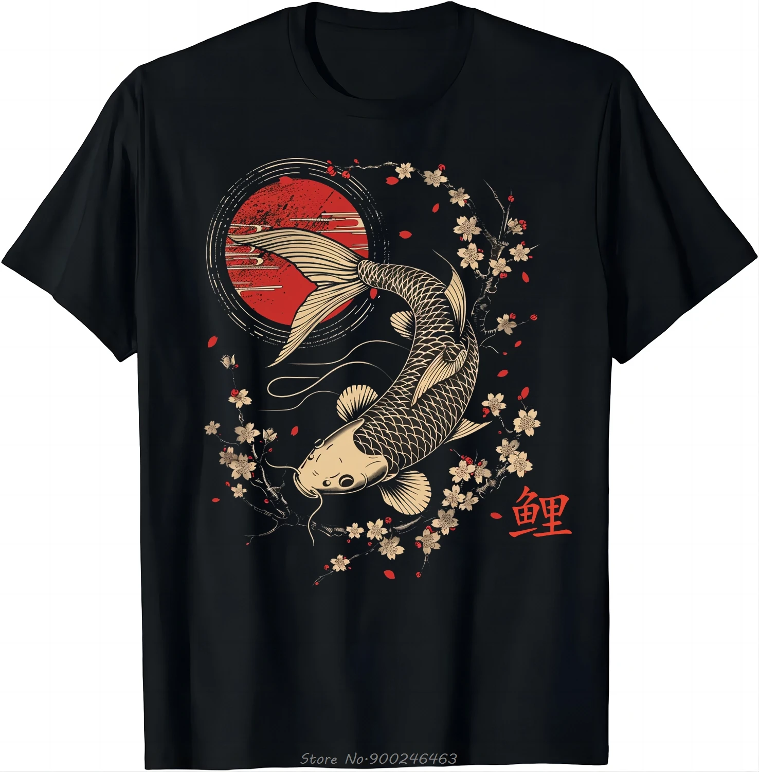 100 CottonCarp Fish Japanese Sakura Graphic Art T-Shirt Fashion O-neck Tops Tees Cotton Tshirt Men Fitness T Shirt