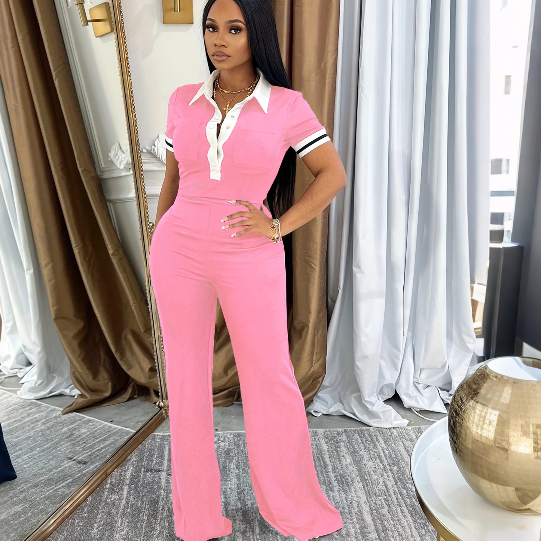 TW637 Top casual primaverile ed estivo da donna europea e americana con scollo a polo, pantaloni a gamba larga a vita alta, casu color blocking