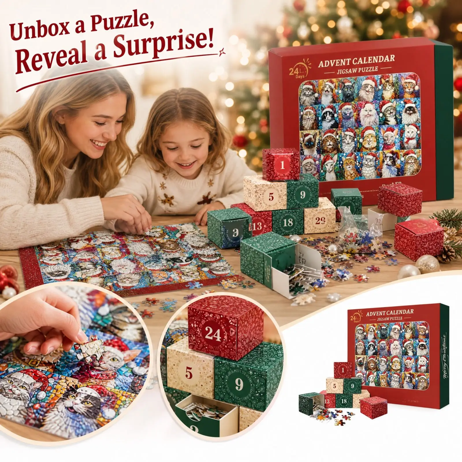  Christmas Advent Calendar Puzzle 24‑Days Countdown Blind Box Cats Pattern Puzzle Toy Xmas Gift for Adults Kids ﻿