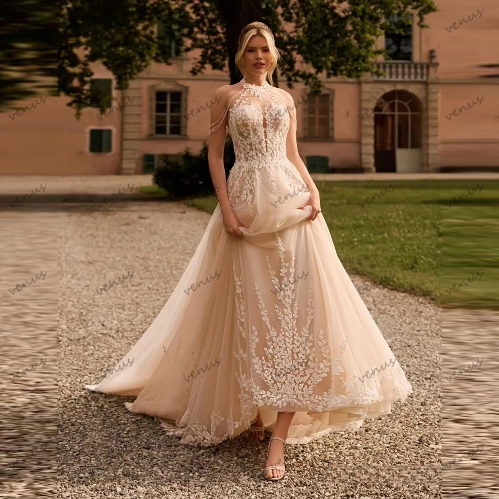 

Exquisite Wedding Dresses A Line Tulle Tiered Bridal Gowns Lace Appliques Sleeveless Backless Robes Vestidos De Novia Customized