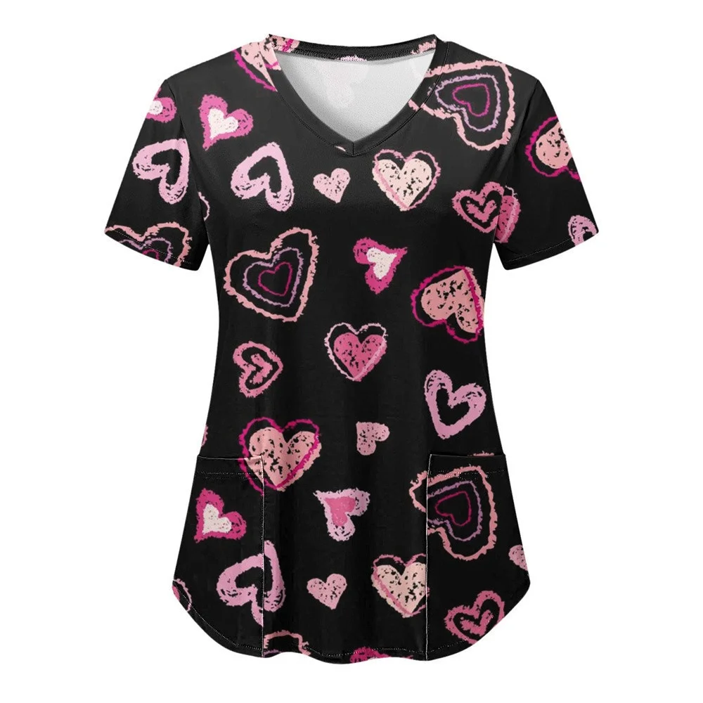 Uniforms Women Medical Elegant Heart Print Fashion V-Neck Curable Medico Casual Patch Pocket Short Sleeve Scrub Medical Woman