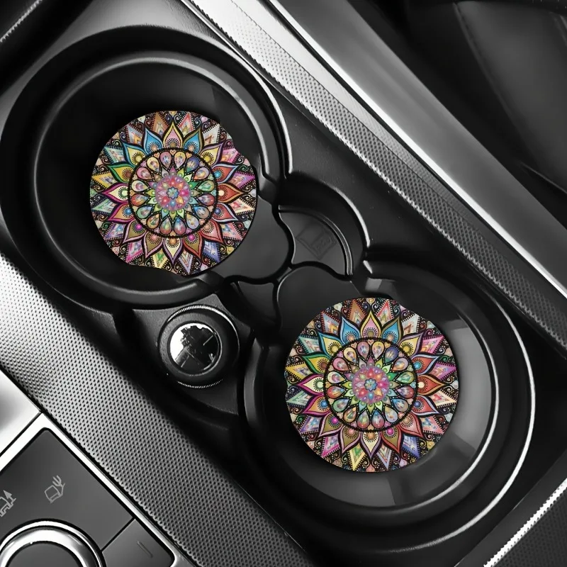 2Pcs/set 7cm Car Cup Holder Vintage Mandala Flower Silent Anti-Slip Silicone Insert Coaster Mat Universal Interior Accessories