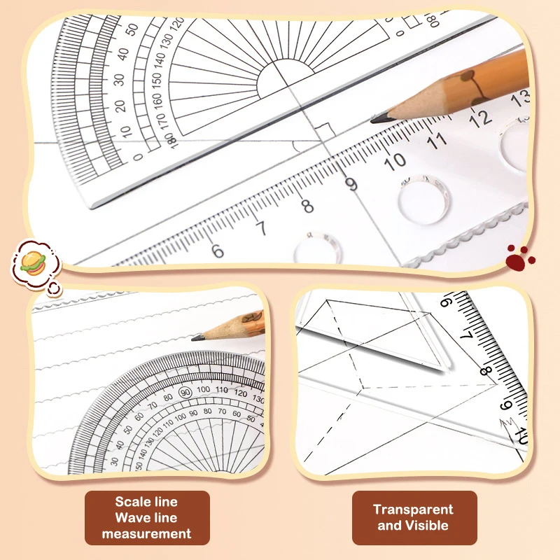 1Set Cute Cartoon Capybara Kids Ruler Stationery Set Multifunctional Combination Ruler Triangle Protractor Drawing Tools