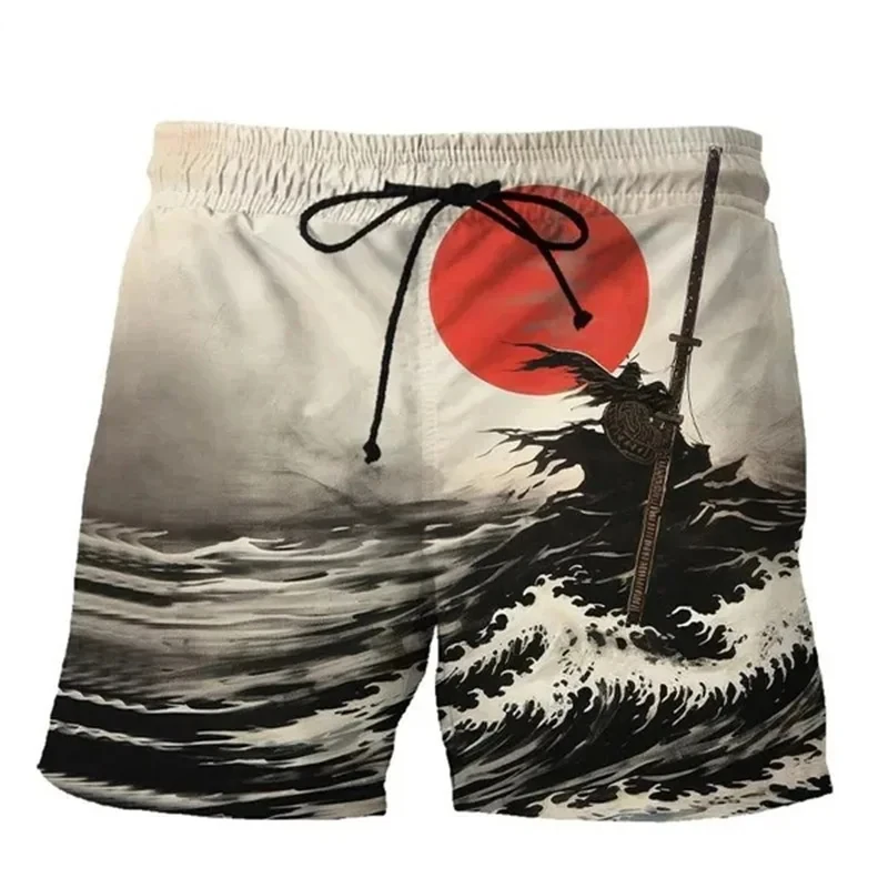 Sunrise Ocean Wave Ink Painting Japanese Style Short Pants Men's 3D Print Hawaiian Shorts 2024 Gym Trunks Cool Kids Ice Shorts