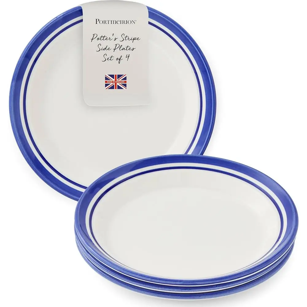 

Potter's Stripe Salad Plate (Set of 4) - 8" Earthenware Plates with Classic Striped Rim - Microwave, Dishwasher, Freezer, Oven S
