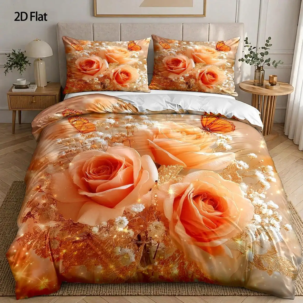 3-Piece Quilt Cover Set, 1 Quilt Cover + 2 Pillowcases (Without Filling) 2D Flat Printing, Orange Rose Butterfly Theme, Dreamy Realistic Style, Romantic Valentine's Day, Three-Piece Bedding Set, Large Quilt Cover Set, Suitable for All Seasons, Machine Washable, Invisible Zipper, Suitable for Home, Dormitory, Master Bedroom, Guest Room
