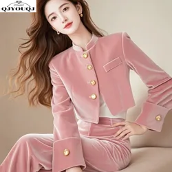 Autumn and winter Korean version new fashionable slim fit pink velvet jacket+wide leg pants set for women