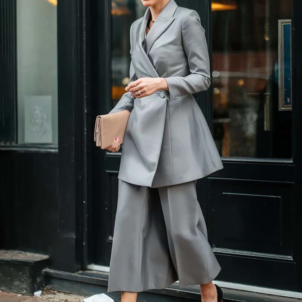 

Элегантный женский костюм, облегающий комплект из 2 предметов (куртка + брюки), двубортный офисный деловой повседневный наряд с остроконечными лацканами, современная одежда