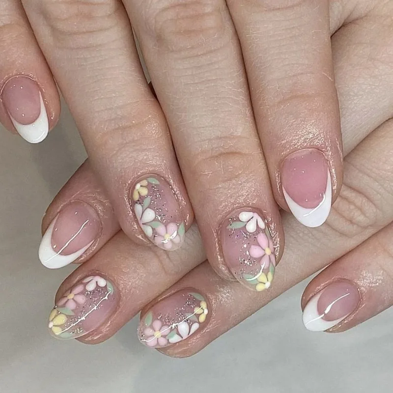 Short Glossy Oval Press-On Nails with French Glitter Tips Spring Flower Designs False Nail Tips for Women&Girls Manicure Look