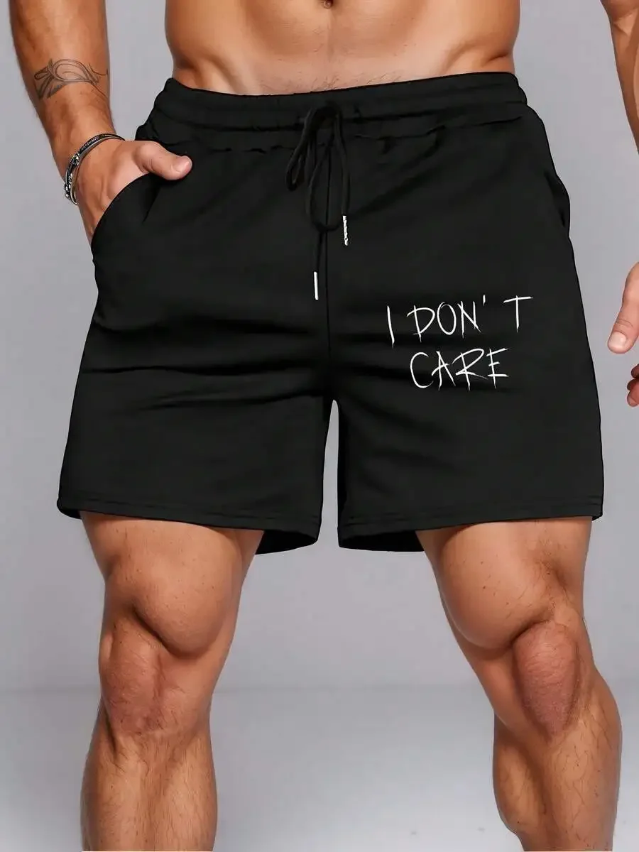 

Mens Sport Casual Shorts With Letter Print Elastic Waist Drawstring Side Pockets Knit Fabric For Gym Running Streetwear