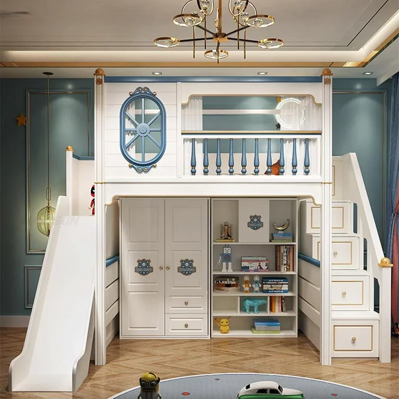 

Multifunctional Bunk Bed Blue High Safety Guardrail Bookcase Wardrobe Children Beds Boy Creative