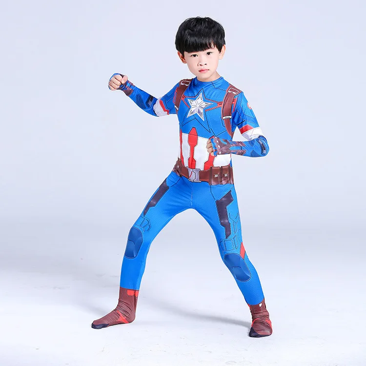 ขายร้อน Captain Superhero คอสเพลย์ฮาโลวีน Superhero Jumpsuit พร้อมอุปกรณ์เสริมสำหรับเด็ก