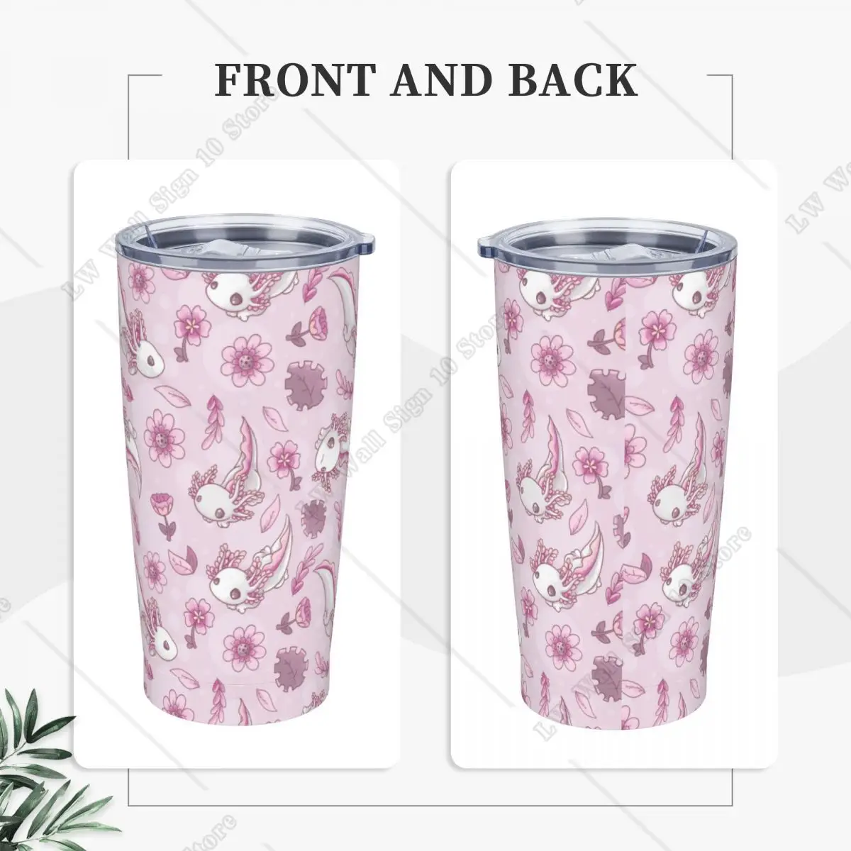 Floral Speckled Axolotl Insulated Tumbler with Straws Lid Cute Animal Vacuum Travel Coffee Mugs Double Wall Car Bottle Cup 20oz