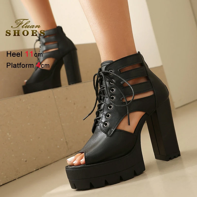 

Новые летние черные женские ботинки на толстом каблуке 11 см, платформе 4 см, с молнией сзади, на шнуровке, с круглым открытым носком, CD