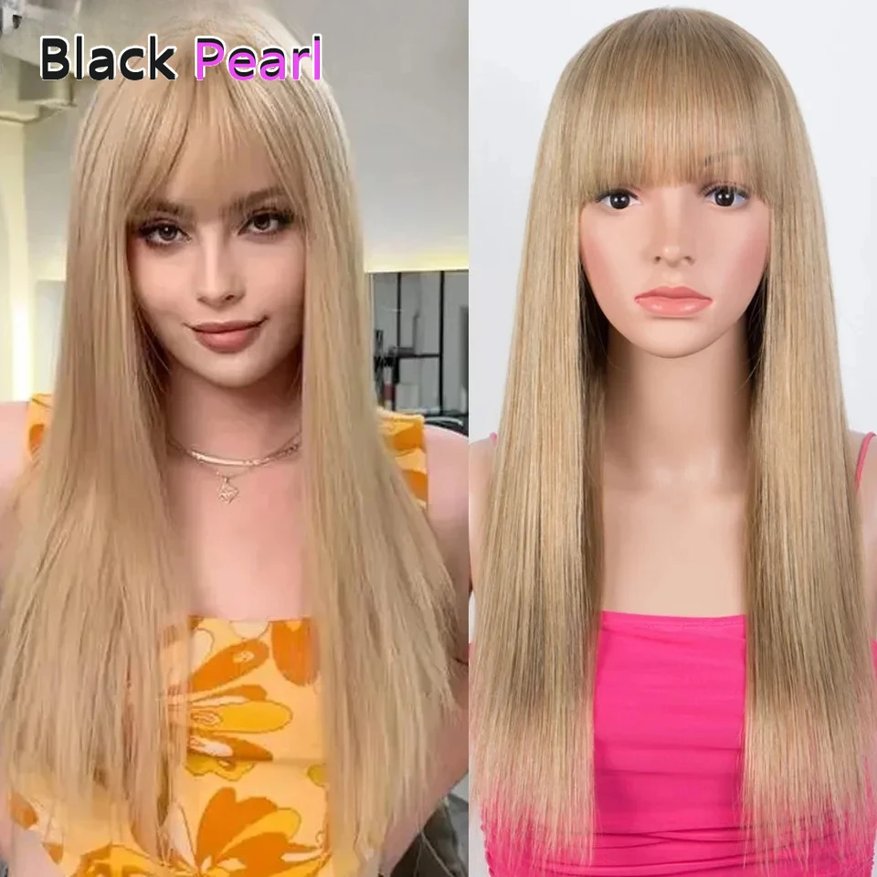 

Black Pearl Brazilian Short Colored Human Hair Wigs For Women Highlight Color Straight Bob Wig With Bangs 28 Inch Honey Blonde