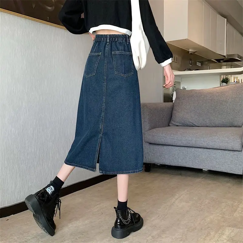 

023 New Arrival Spring Summer Korean Style Women Loose Casual Cotton Denim Solid Skirt Elastic Waist A-line Mid-calf Skirts D124