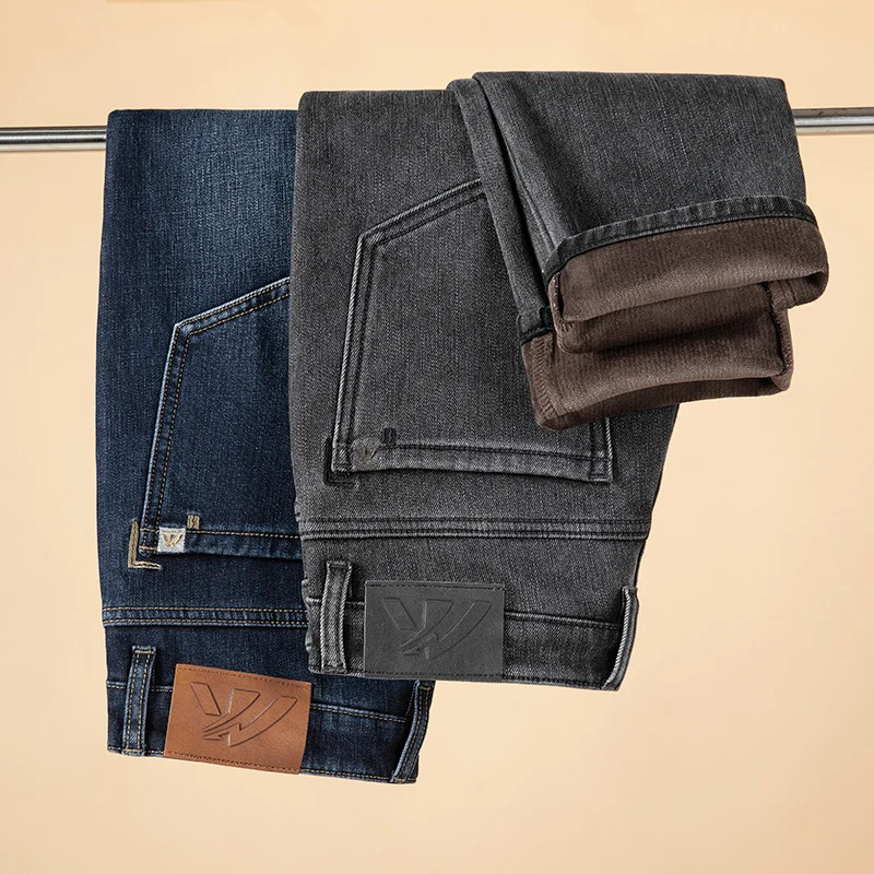 Men's Brushed Jeans Winter New Casual Fashion Stretch Youth Pants Thickened Warm Slim Straight Male Fleece Denim Trousers