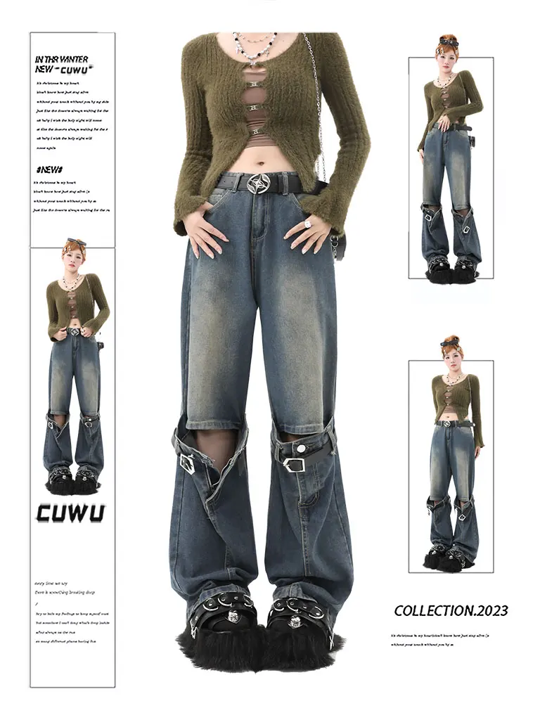 

American Sle High Waist Faded Denim Jeans Women's Belt Patchwork Hole Design Straight Leg Wide Leg Floor-Length Pants