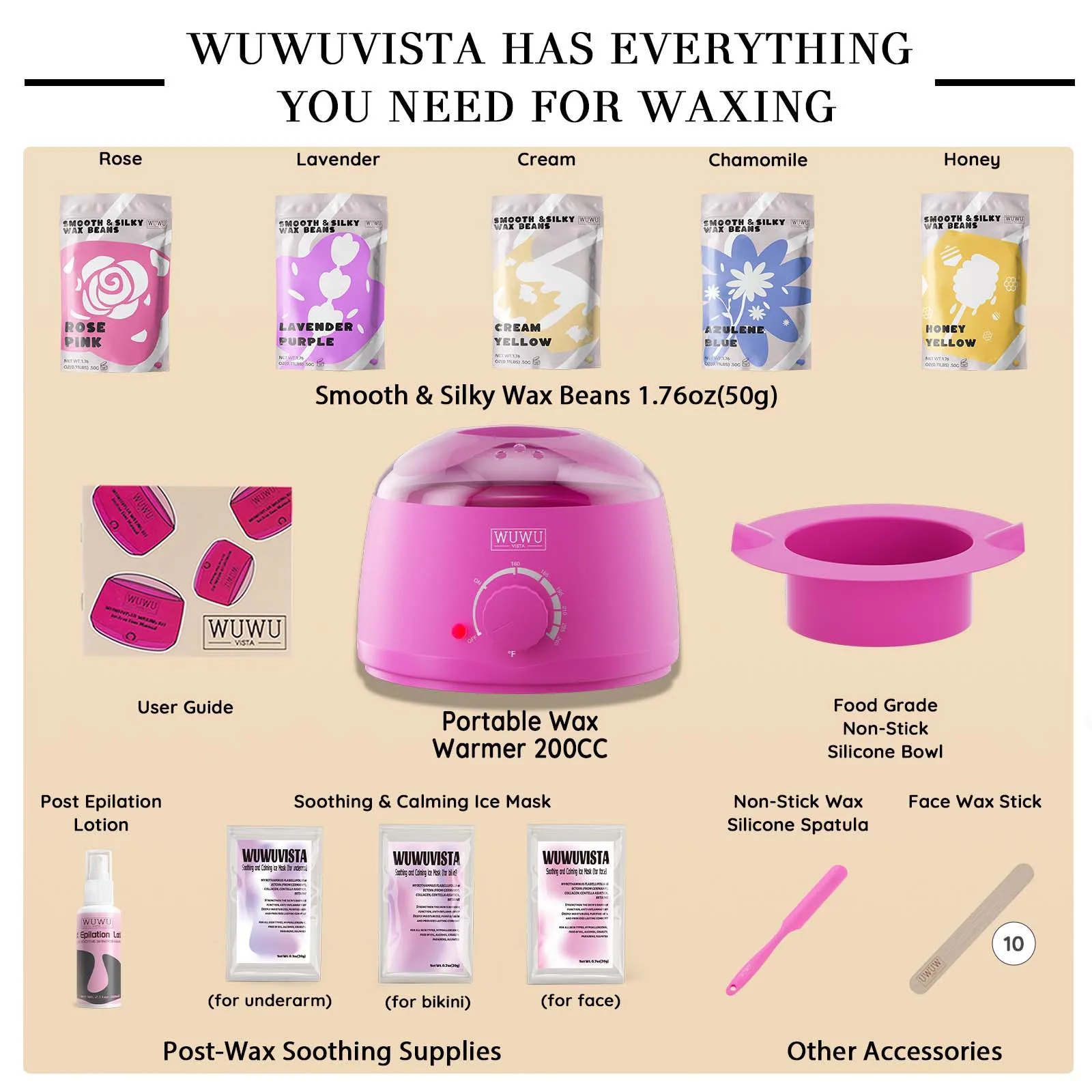 Waxing Kit WUWUVISTA 23 items US Plug, Hair Removal Wax Warmer Kit With Wax Beads For Face/Brazilian/Body/Bikini/Sensitiive skin