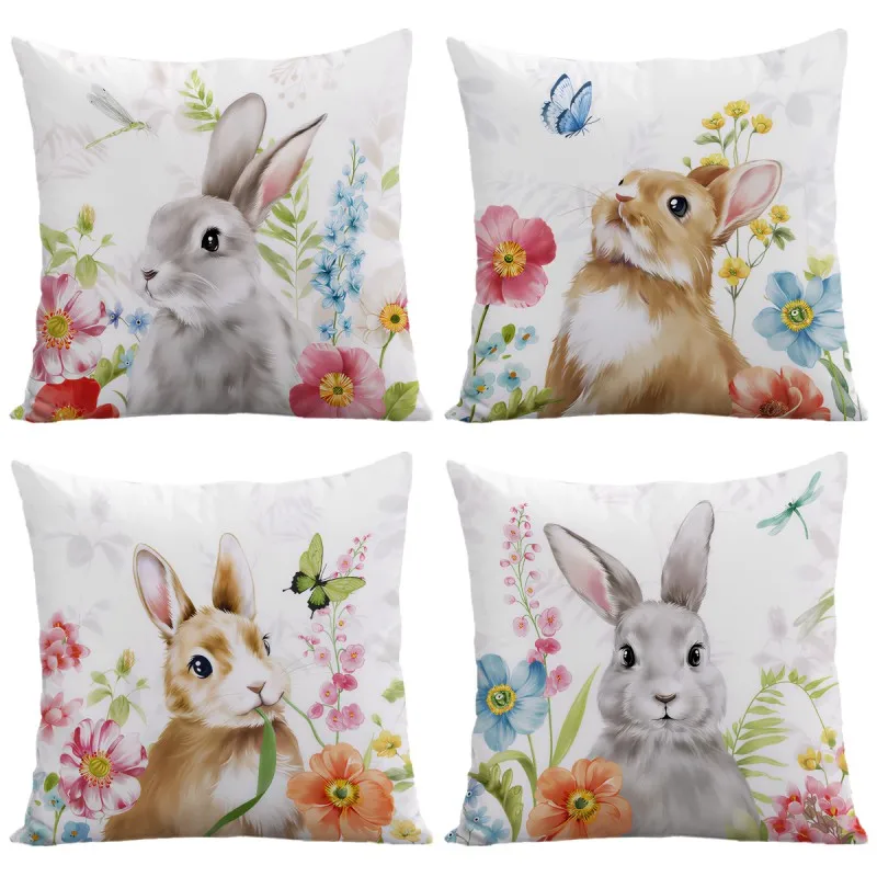 

4PCS Easter Bunny Theme Cushion Covers Square Cute Printed Pillow Covers Zipper Closure for Living Room Sofa Bedroom Decorations