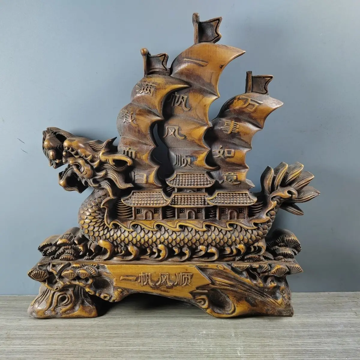 Hand Carved Wood Good luck dragon boat Statue Figurine Desktop Ornaments Home Decoration