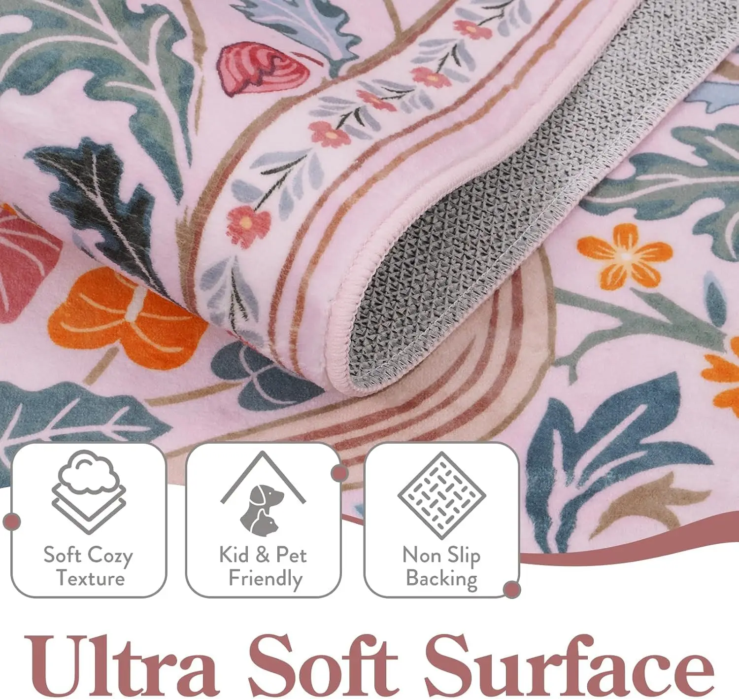 8x12 Extra Large Pink Boho Floral Area Rug Washable Non Slip Ultra Thin Carpet for Girls Room Dorm Nursery Home Decor