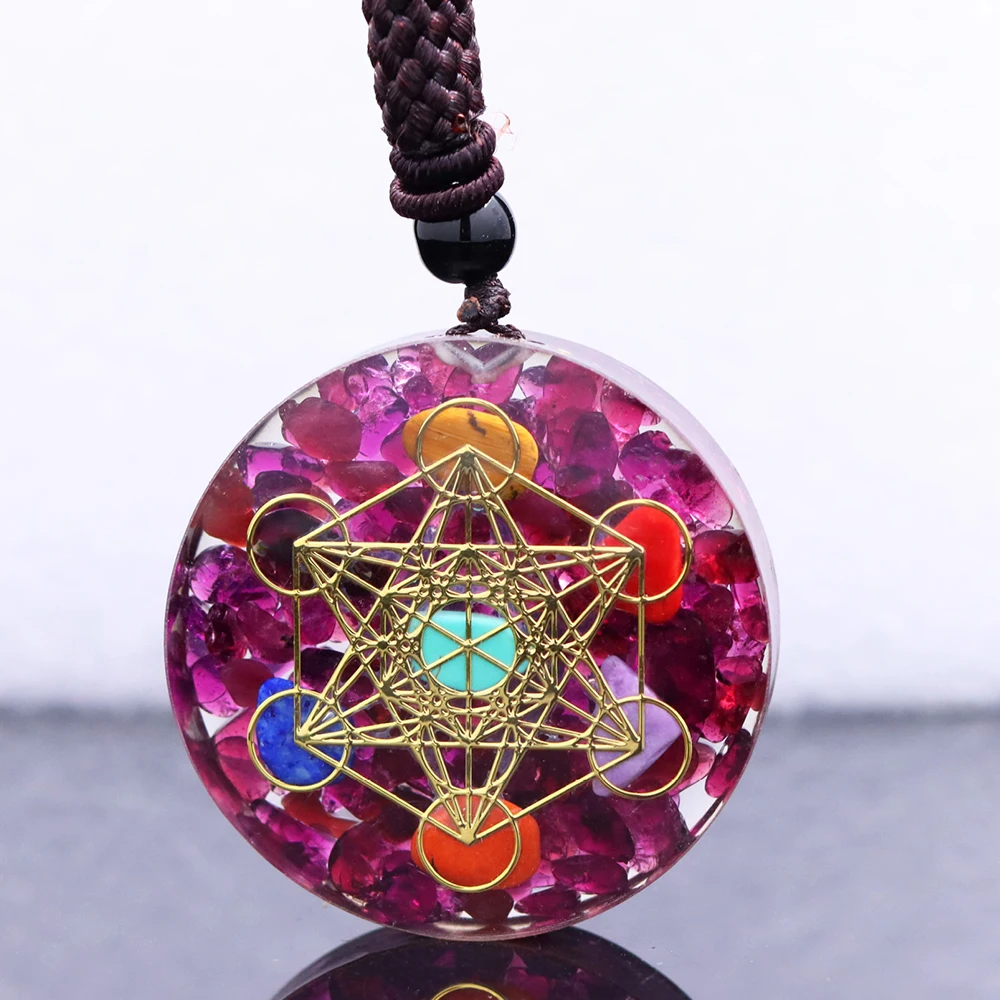 Natural Garnet Chips Stone 7 Chakra Orgonite Healing Pendant Necklace Metatron Cube Crystal Meditation Divine Protection Amulet