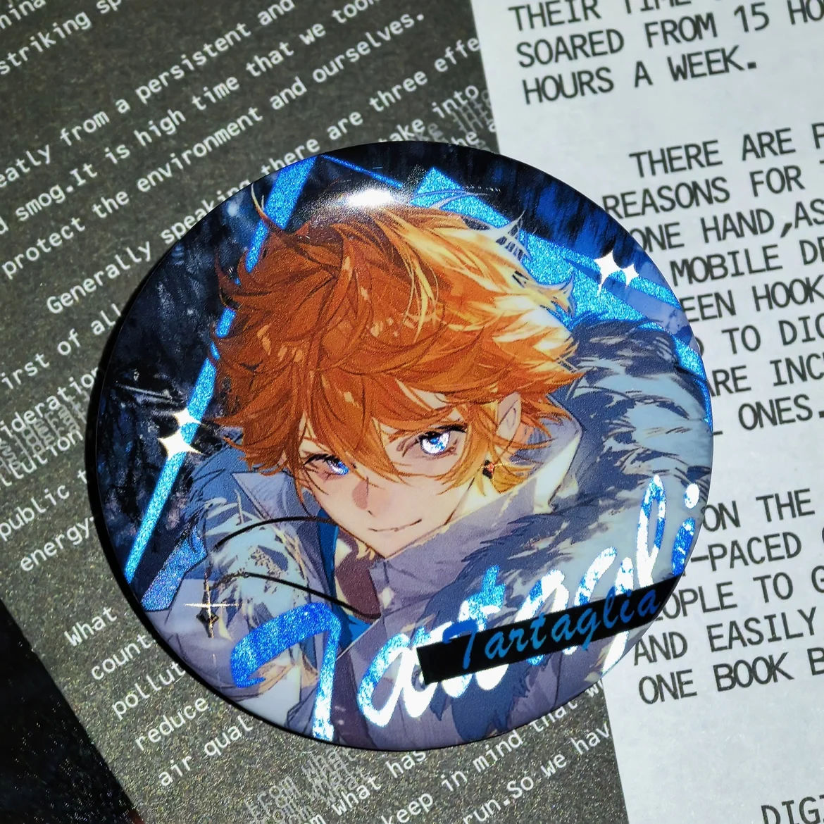 Anime Genshin Impact Tartaglia Cosplay Backpack decoration Cartoon reflect light 58MM tinplate brooch Acrylic badge