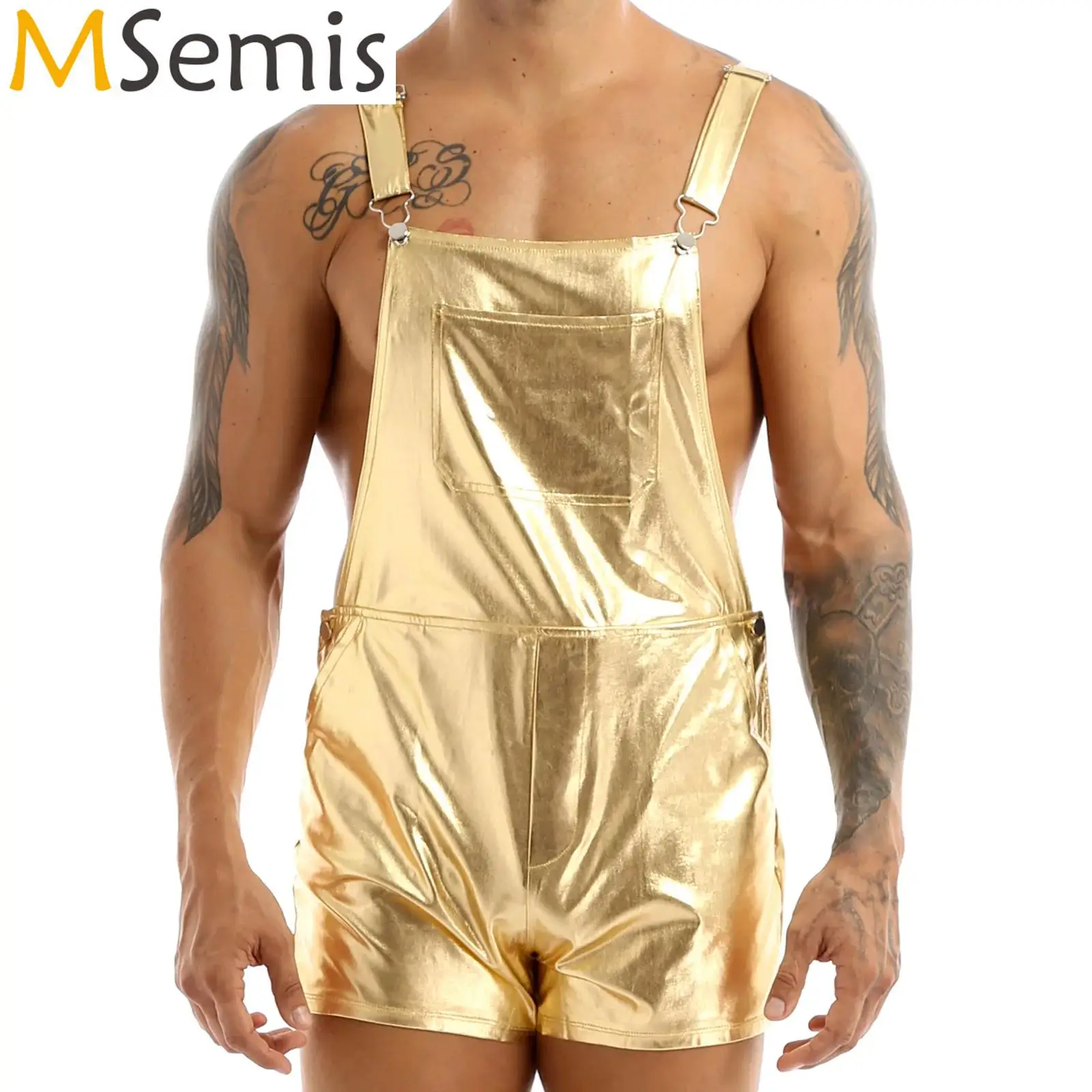 

Mens Shiny Metallic Bib Overall Suspender Short Jumpsuit Prom Club Rave Rompers Festival Clothing Jazz Hip Hop Pole Dance Shorts
