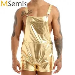 MSemis Herrenmode, glänzender metallischer Latzhose, Hosenträger, kurz, Abschlussball, Club, Rave, Festival, Kleidung, Jazz, Hip Hop, Pole Dance-Shorts